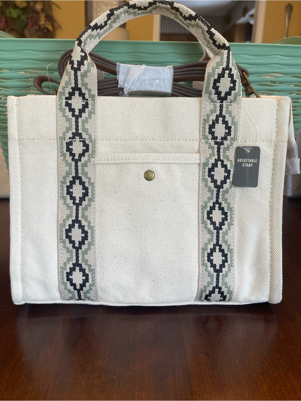 NWT a.n.a Cream Woven Tote Bag geometric Southwestern-style diamond pattern